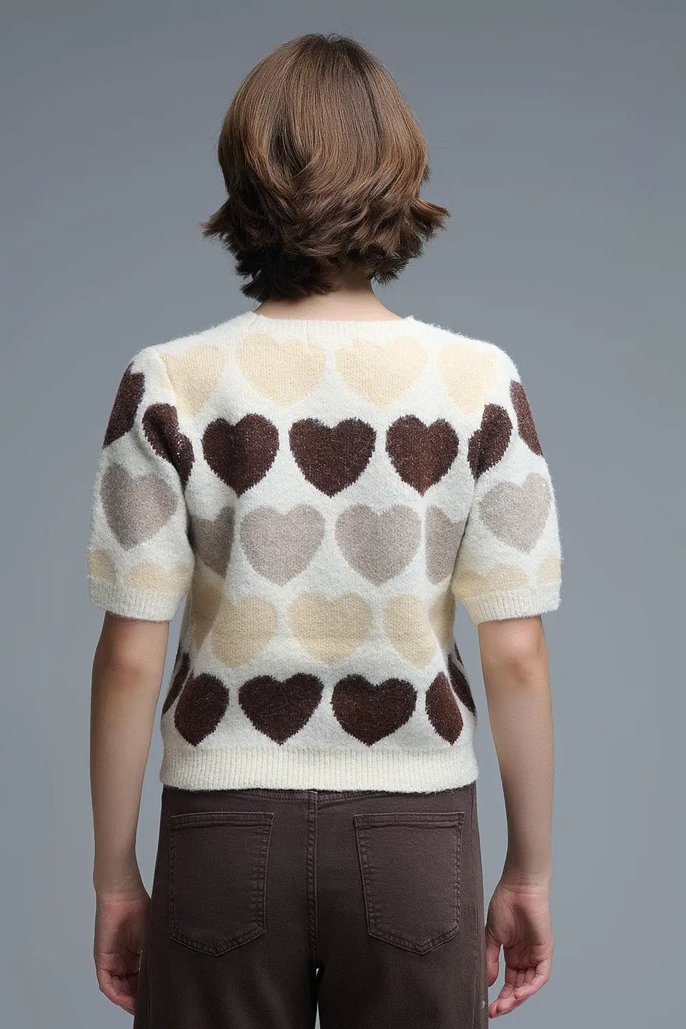 Short Sleeve Printed Heart Sweater in Beige - One Size / Beige - Sweaters