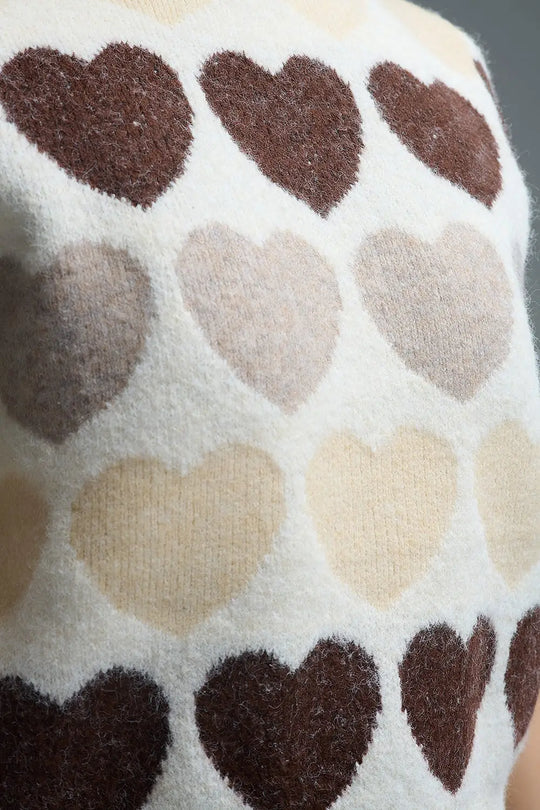 Short Sleeve Printed Heart Sweater in Beige - One Size / Beige - Sweaters