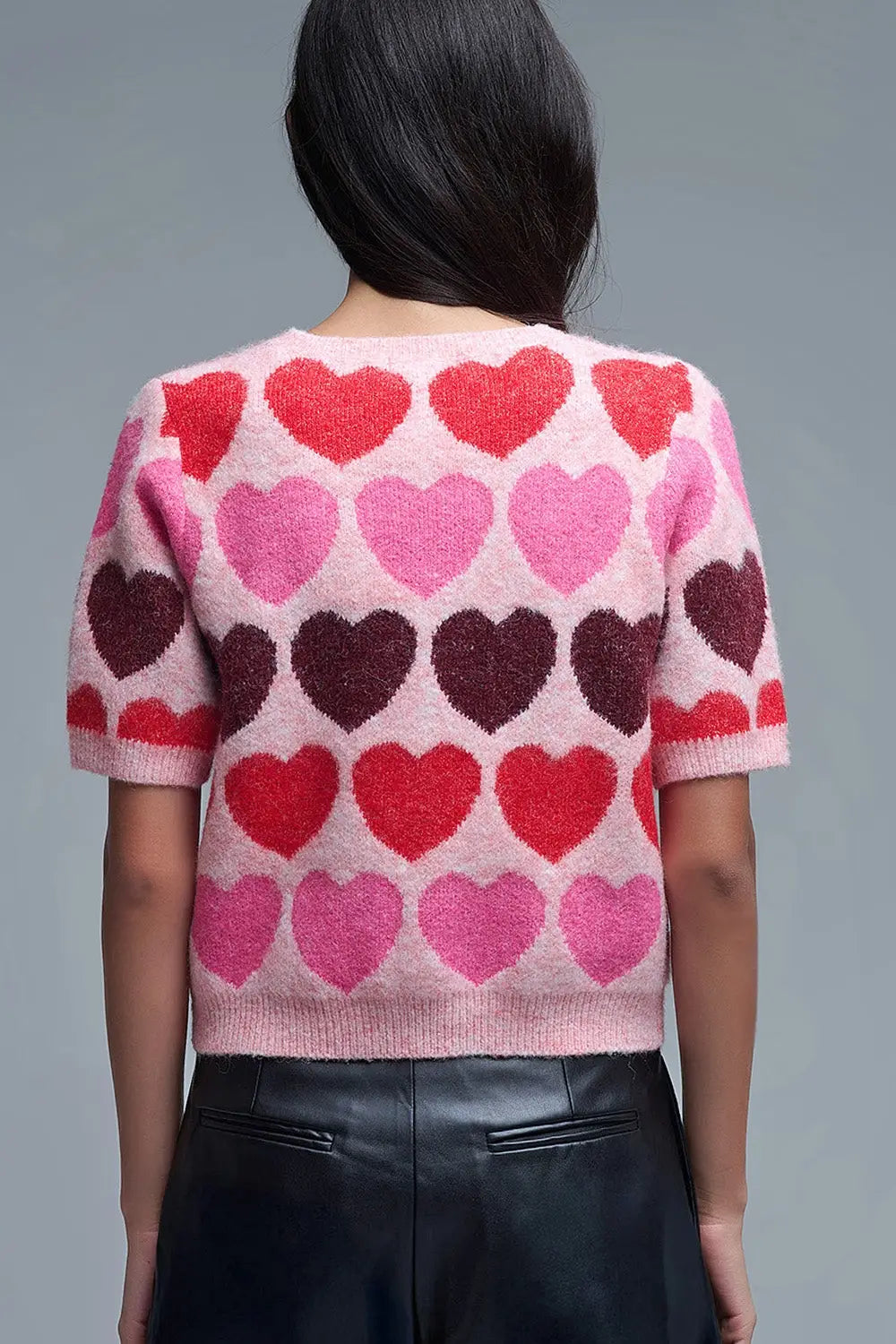 Short Sleeve Printed Heart Sweater in Pink - One Size / Pink - Sweaters