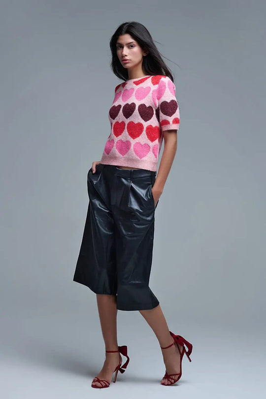 Short Sleeve Printed Heart Sweater in Pink - One Size / Pink - Sweaters