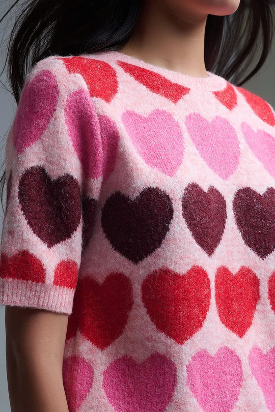Short Sleeve Printed Heart Sweater in Pink - One Size / Pink - Sweaters