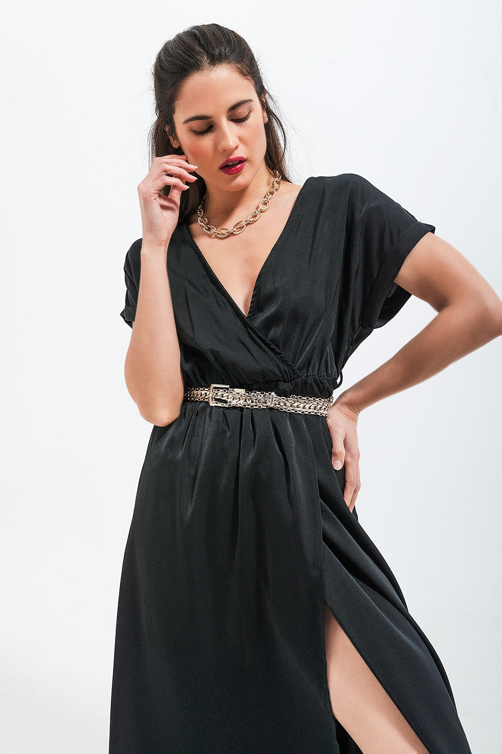 Short sleeve satin maxi dress in black