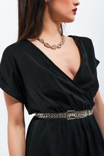 Short sleeve satin maxi dress in black