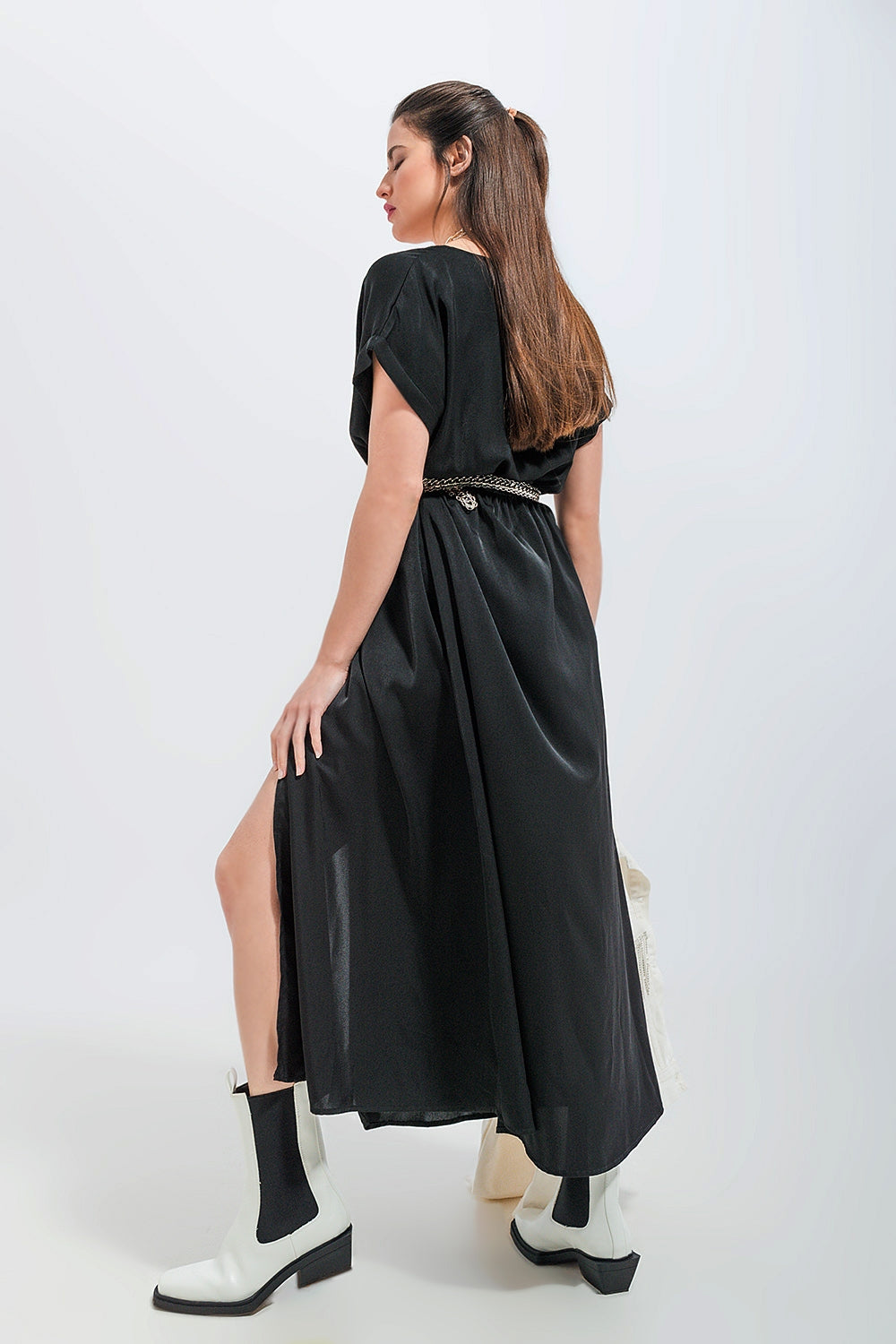 Short sleeve satin maxi dress in black