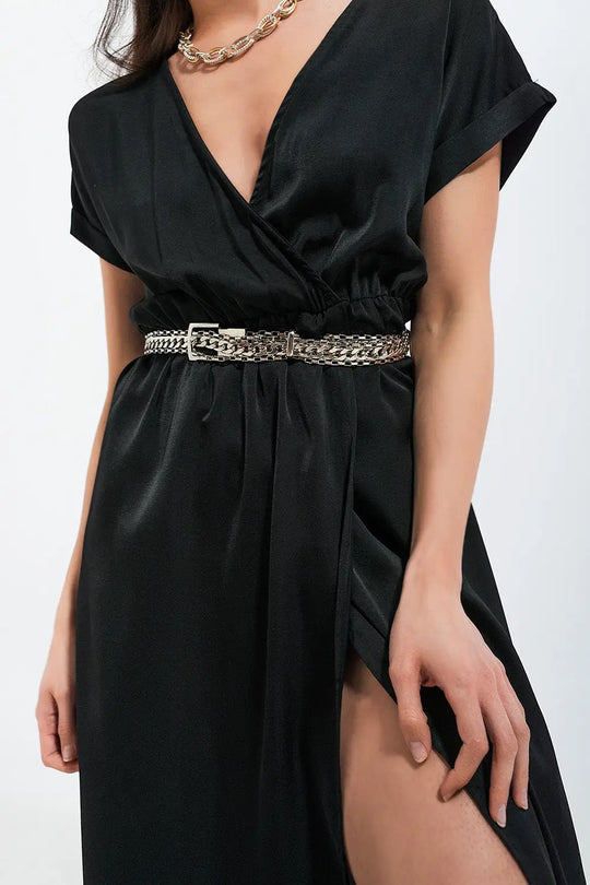 Short sleeve satin maxi dress in black - Dresses