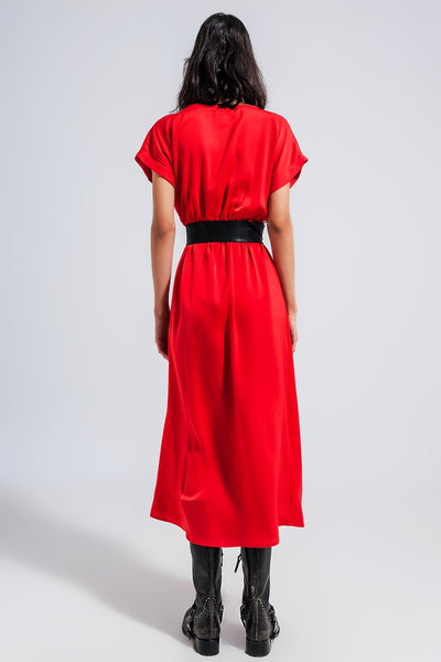 Short sleeve satin maxi dress in red