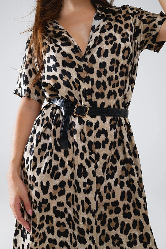 Short Sleeve Shirt Midi Dress With Belt In Leopard Print - Dresses