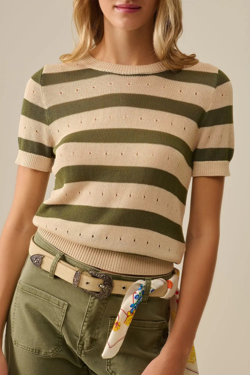 Short Sleeve Striped Pointelle Knit Sweater in Green - Sweaters