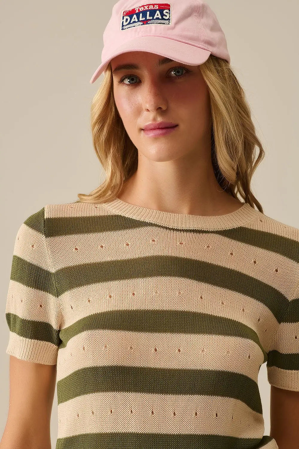 Short Sleeve Striped Pointelle Knit Sweater in Green - Sweaters