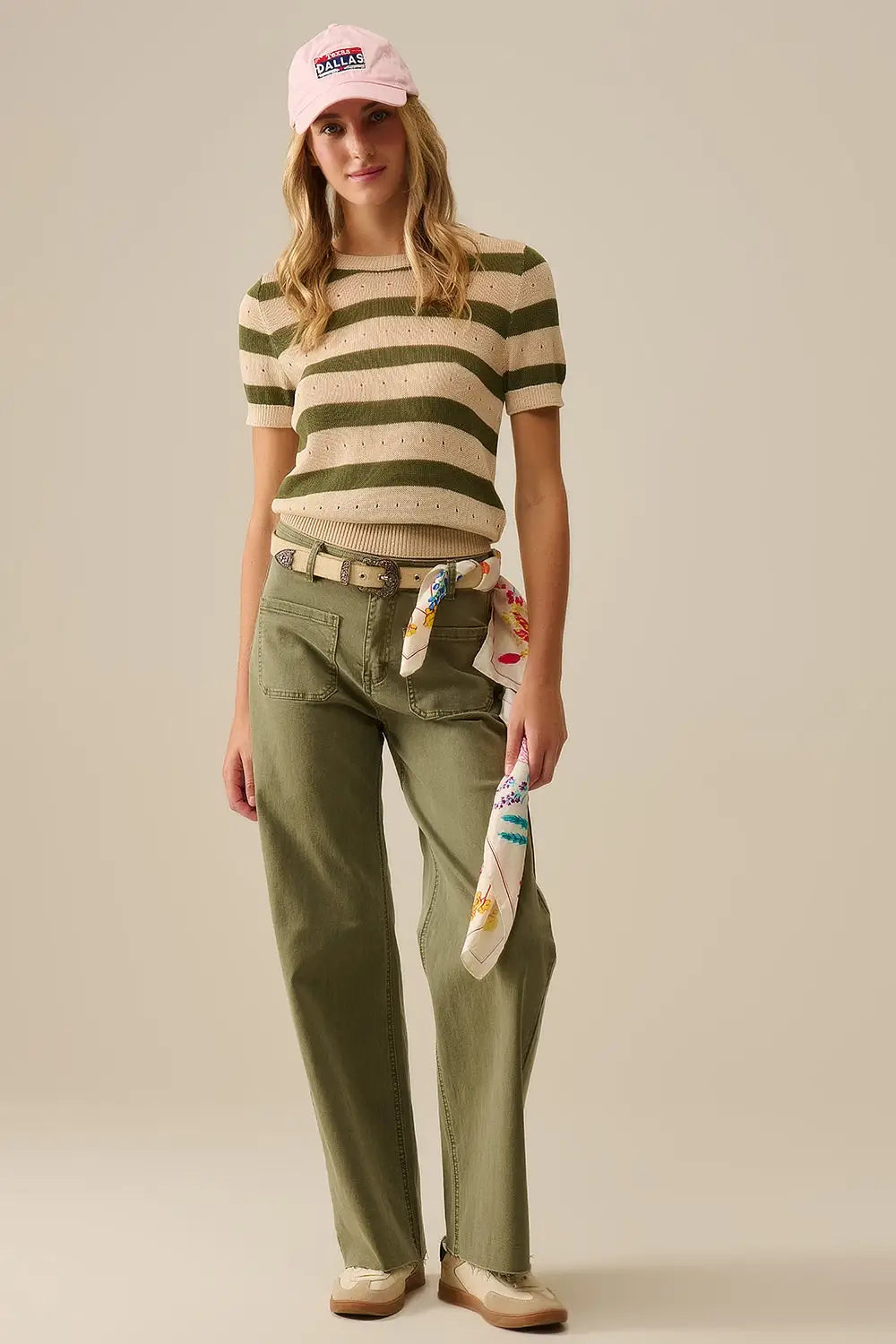 Short Sleeve Striped Pointelle Knit Sweater in Green - Sweaters