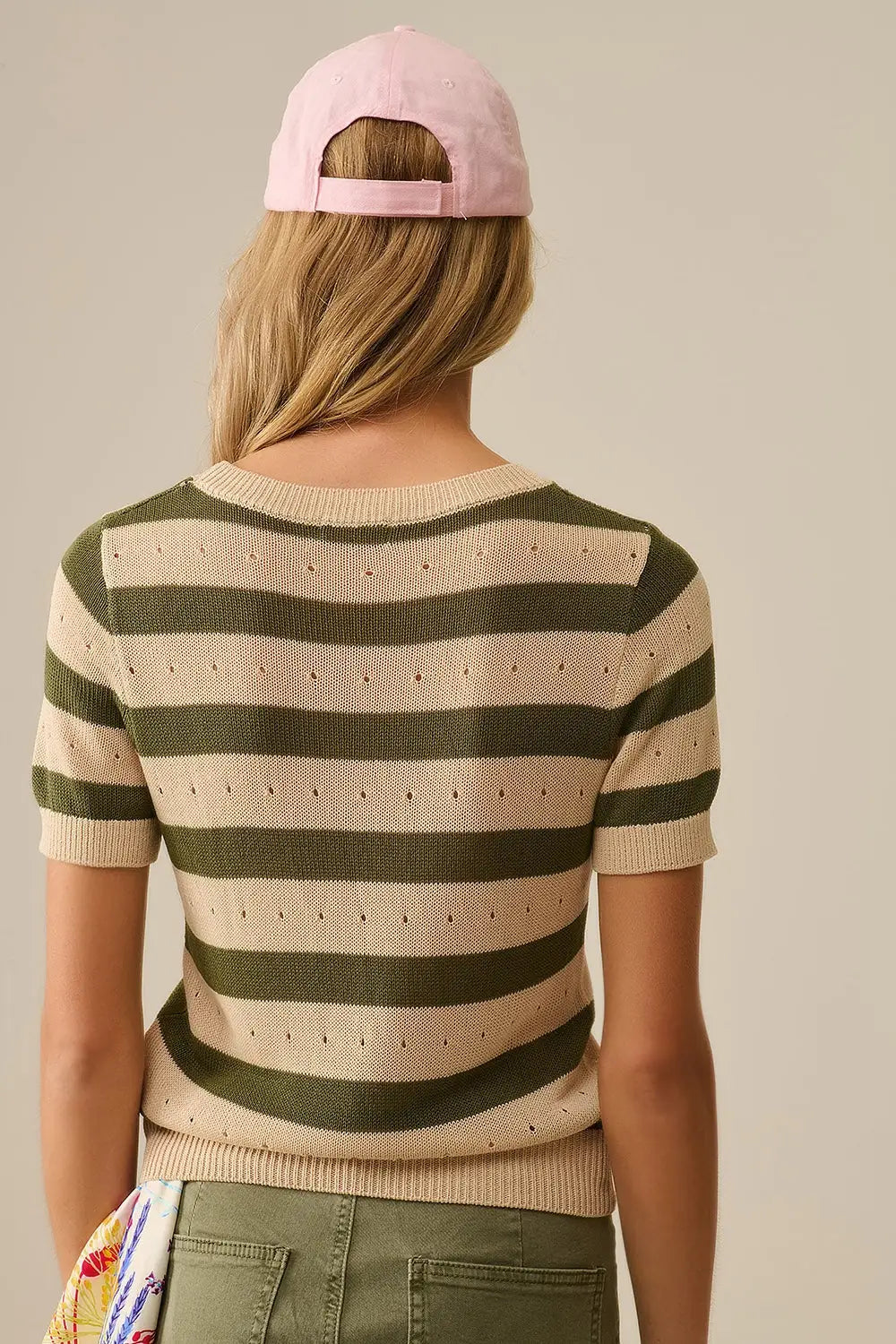 Short Sleeve Striped Pointelle Knit Sweater in Green - Sweaters
