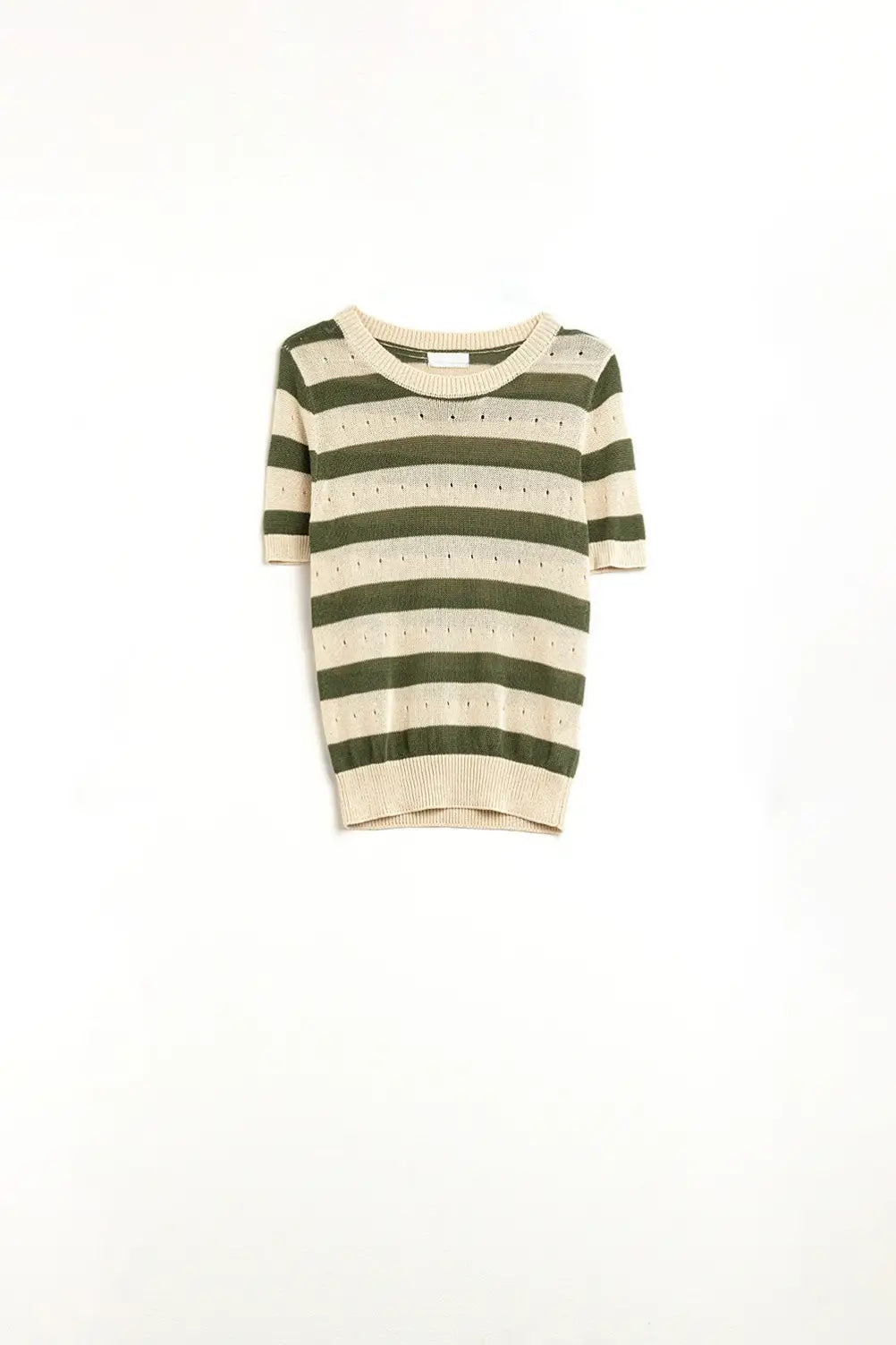 Short Sleeve Striped Pointelle Knit Sweater in Green - Sweaters