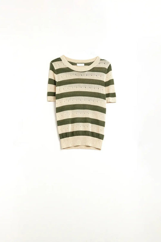 Short Sleeve Striped Pointelle Knit Sweater in Green - Sweaters