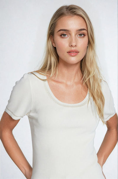 Short Sleeve sweater In beige With Silver Seam at Round Neck