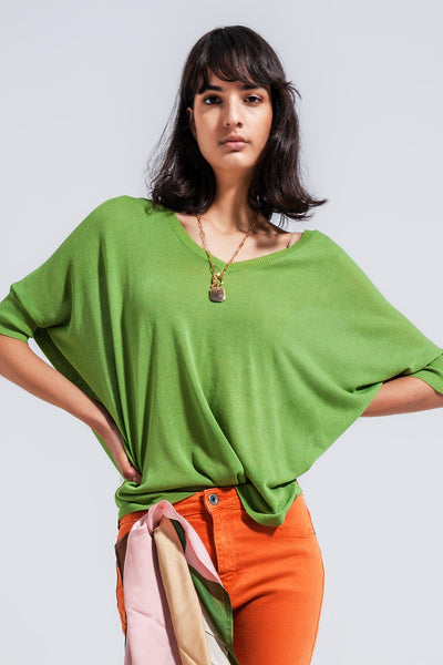 Short sleeve sweater in v neck in green