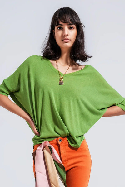 Short sleeve sweater in v neck in green - Sweaters