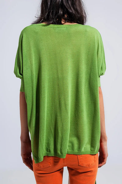 Short sleeve sweater in v neck in green - Sweaters