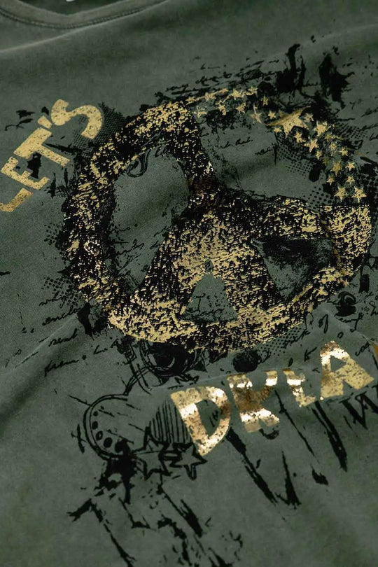 Short Sleeve T-shirt With Graphic Peace Sign Design At The Front In Khaki - One Size / Green - Tops