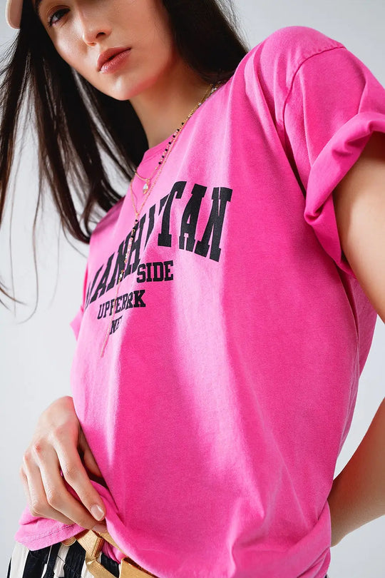 Short Sleeve T-shirt With Graphic Text Manhattan In Pink - One Size / Pink - Tops