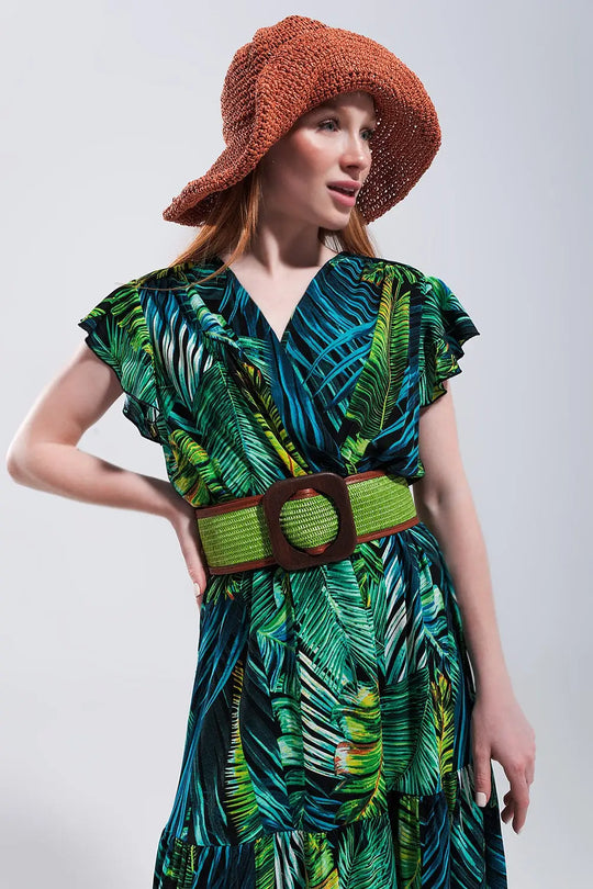 Short sleeve tiered midi dress in tropical print - Dresses