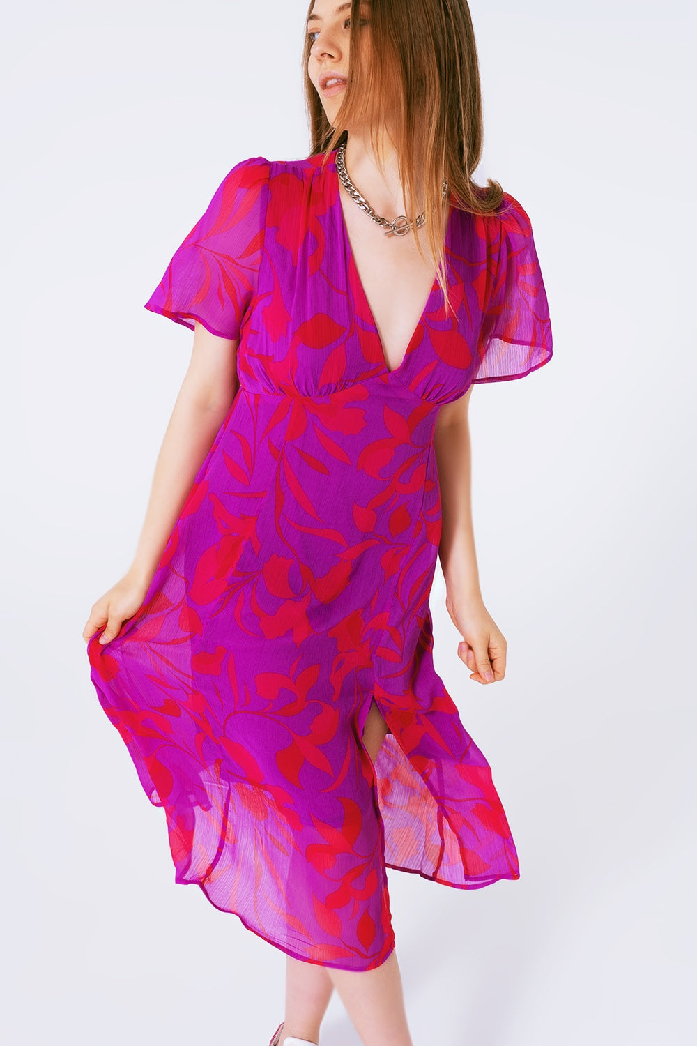 short sleeve V-neck chiffon maxi dress in floral print
