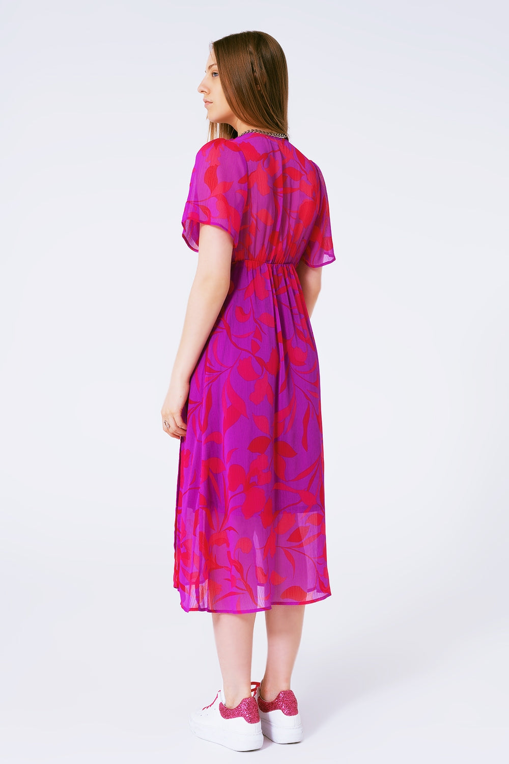 short sleeve V-neck chiffon maxi dress in floral print