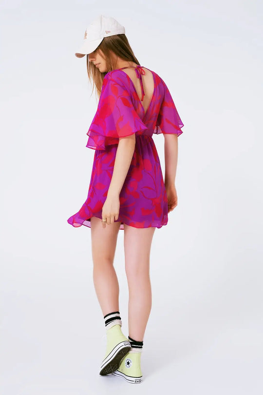 short sleeve V-neck chiffon mini dress in floral print - Dresses