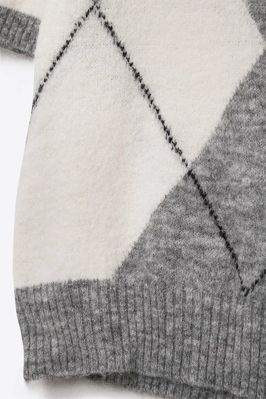 short-sleeved sweater with diamond print in grey and white - One Size / Grey - Sweaters