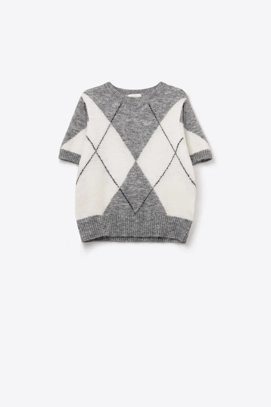 short-sleeved sweater with diamond print in grey and white - One Size / Grey - Sweaters