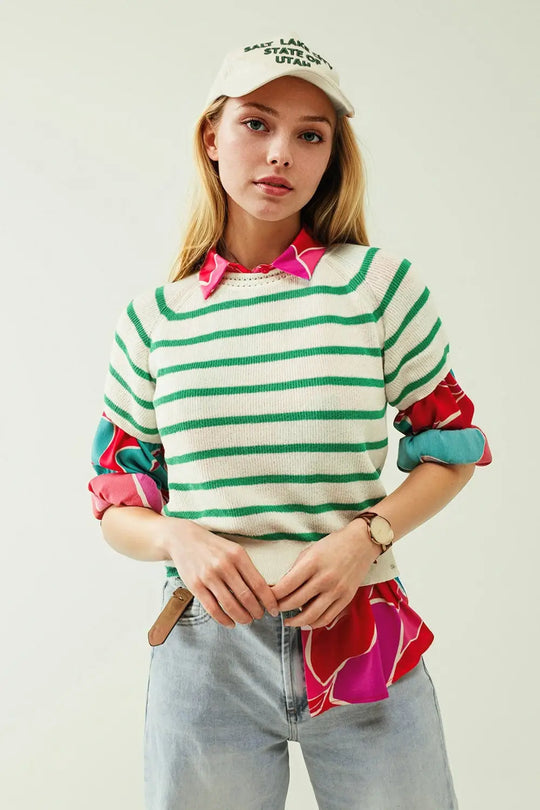 Short sleeves white knit sweater with green stripes - Sweaters