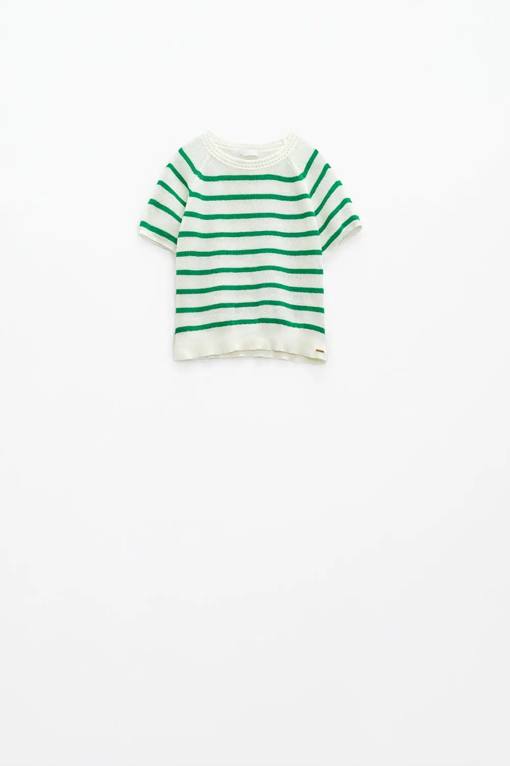 Short sleeves white knit sweater with green stripes - Sweaters