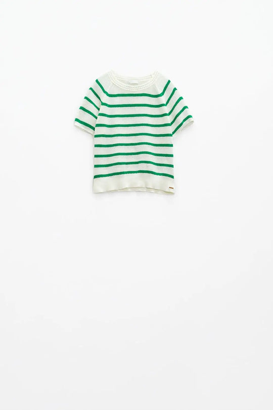 Short sleeves white knit sweater with green stripes - Sweaters