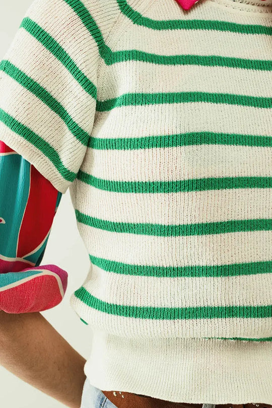 Short sleeves white knit sweater with green stripes - Sweaters