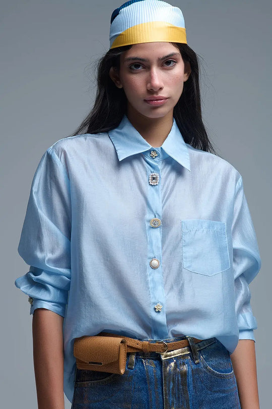 Silky Loose Shirt With Button Medley in Blue - Shirts