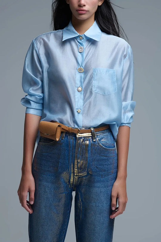Silky Loose Shirt With Button Medley in Blue - Shirts