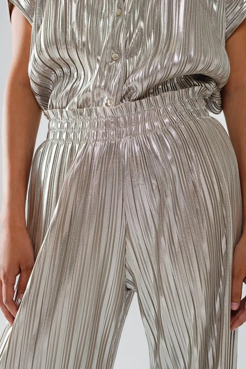 Silver Pleated Pants With Elastic Waistband - Pants