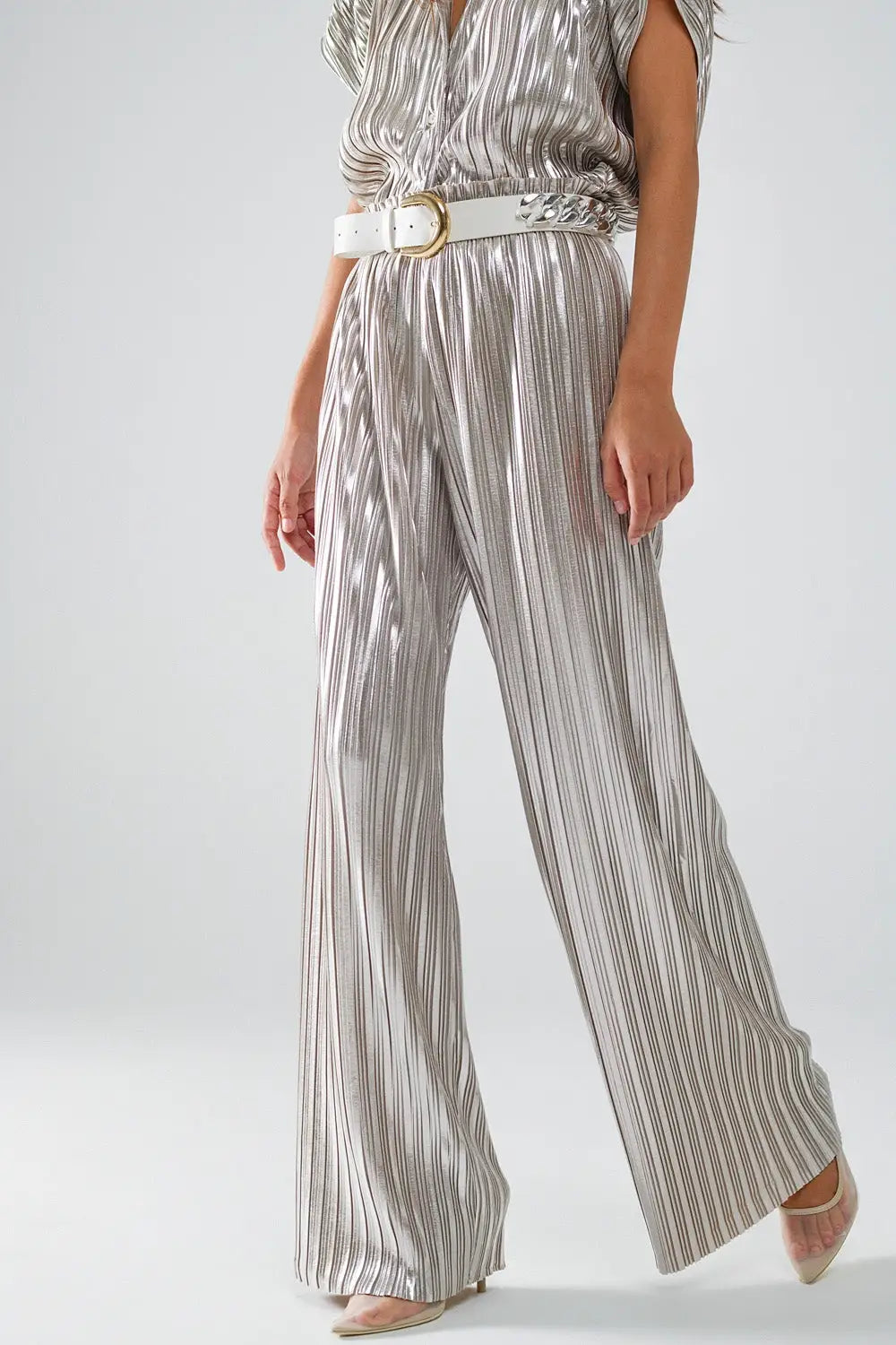 Silver Pleated Pants With Elastic Waistband - Pants