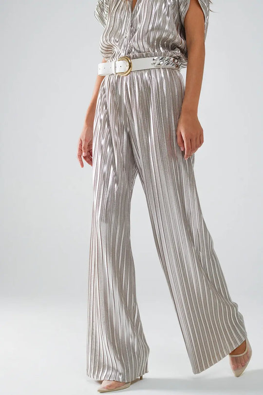 Silver Pleated Pants With Elastic Waistband - Pants