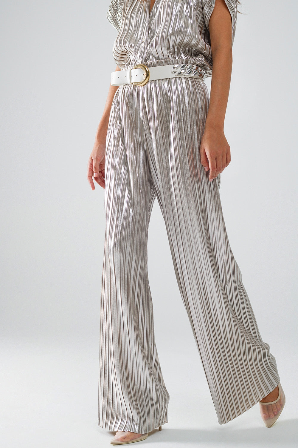 Silver Pleated Pants With Elastic Waistband