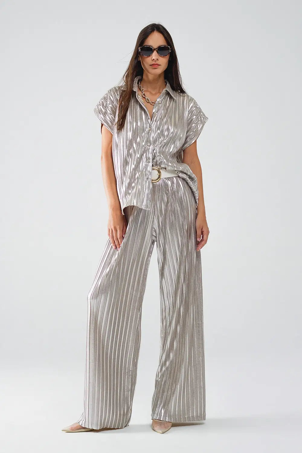 Silver Pleated Pants With Elastic Waistband - Pants