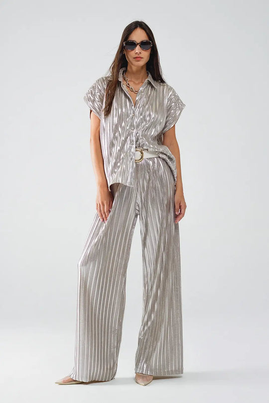Silver Pleated Pants With Elastic Waistband - Pants