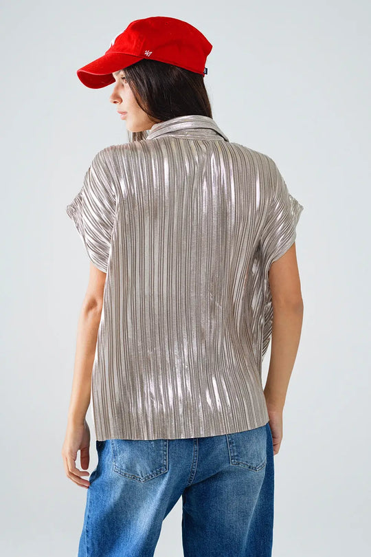 Silver Pleated Shirt With Short Sleeves - Shirts