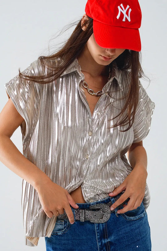 Silver Pleated Shirt With Short Sleeves - Shirts