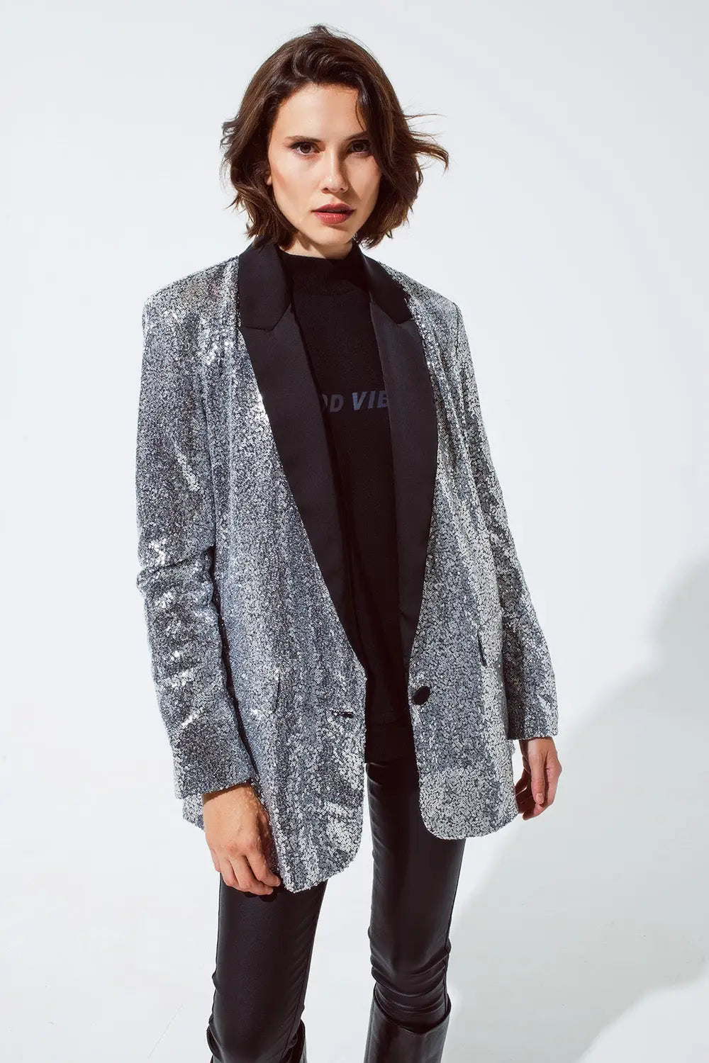 Silver Sequin tuxedo Blazer with Satin Black Lapels - Coats and Jackets