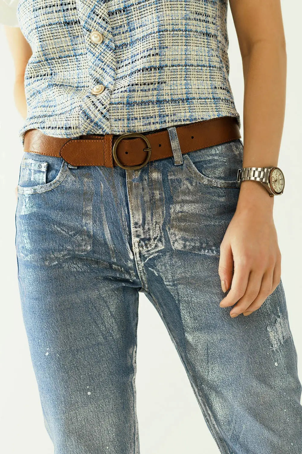 skinny blue jeans with metallic finish in light wash - Jeans