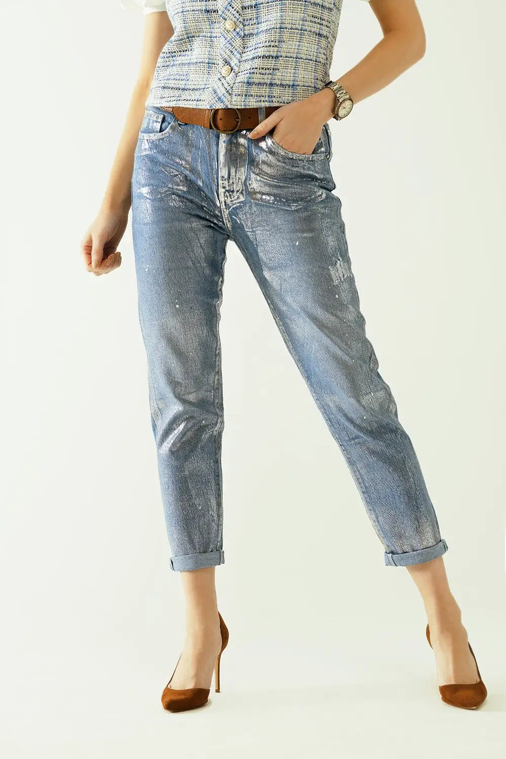 skinny blue jeans with metallic finish in light wash - Jeans