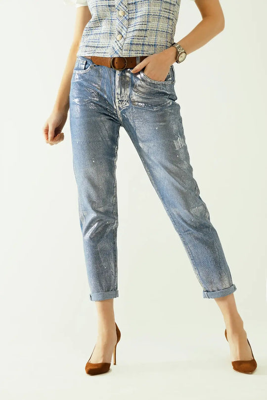 skinny blue jeans with metallic finish in light wash - Jeans