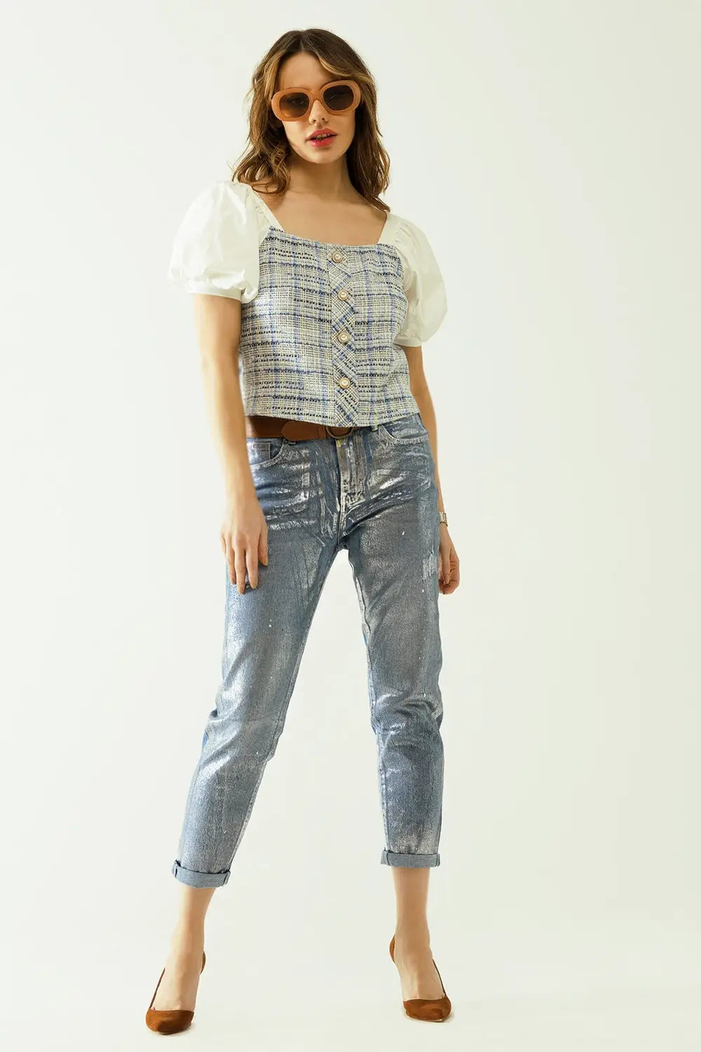 skinny blue jeans with metallic finish in light wash - Jeans