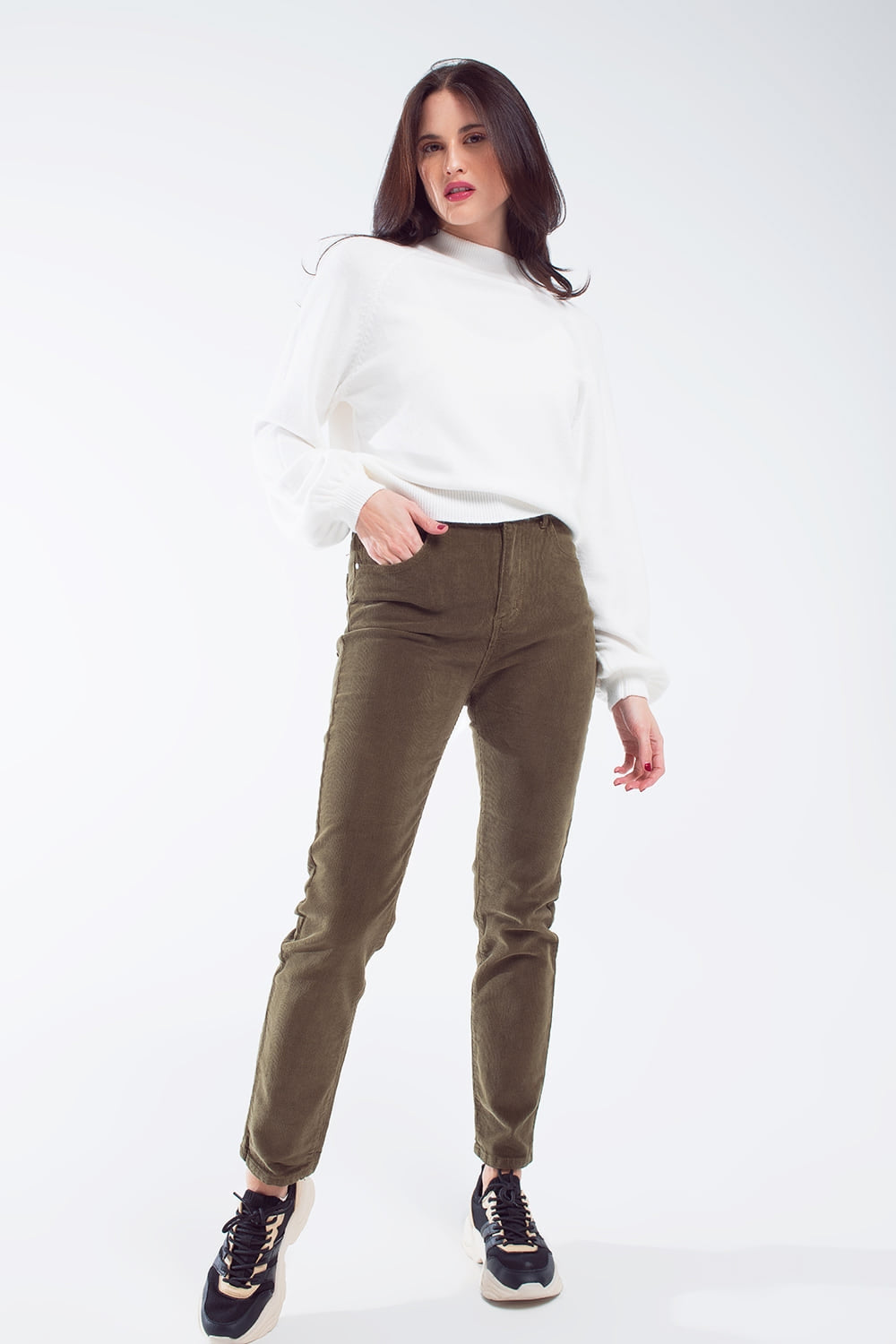 skinny cord pants in olive green