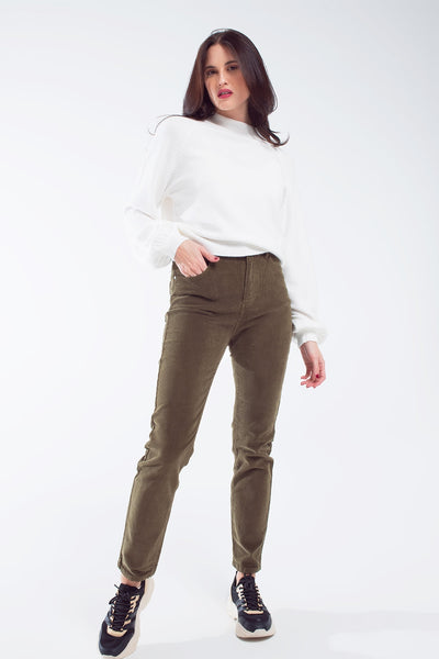 skinny cord pants in olive green
